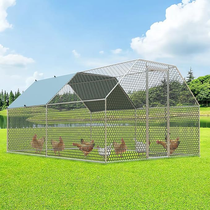 4ever2buy Chicken Runs for Yard with Cover, Large Metal Chicken Run Walk in Metal, Outside Dog Kennel with Roof, Flat Roofed Outdoor Kennel for Cats(9.2’Lx12.47’Wx6.4’H)-PurrikoPets
