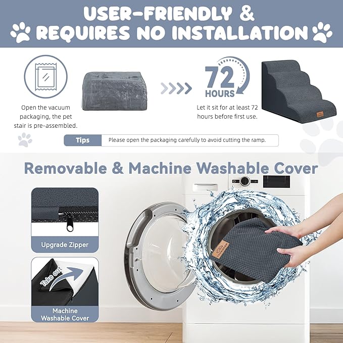 Dog Ramp and Stair for Bed 16" H-20 H,3-Step Cat Stair for Sofa and Chair,4-Step Dog Ramp for High Bed and Window,Durable Nonslip Fabric Cover for Indoor (Dark Grey-20 H, Pet Friendly, 4)-PurrikoPets