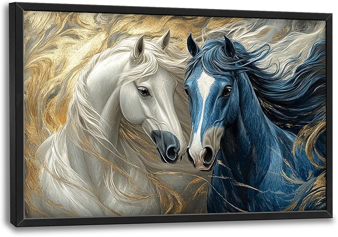 Framed Large Horse Wall Art for Living Room, Oversized Abstract Horses Wall Decor Blue and Golden Canvas Painting Animal Pictures Modern Artwork for Living Room Bedroom Office 36"x24"-PurrikoPets