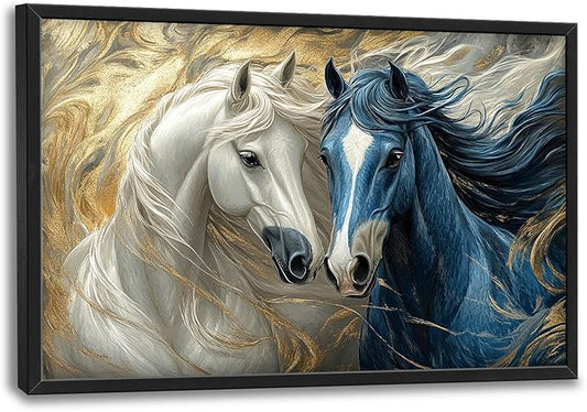 Framed Large Horse Wall Art for Living Room, Oversized Abstract Horses Wall Decor Blue and Golden Canvas Painting Animal Pictures Modern Artwork for Living Room Bedroom Office 36"x24"-PurrikoPets