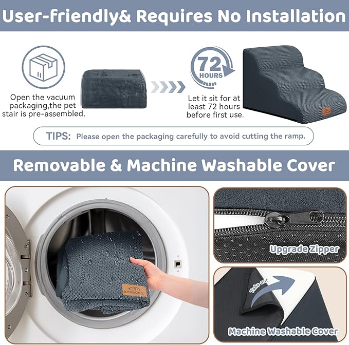 Dog Ramp and Stair for Bed 16" H-20 H,3-Step Cat Stair for Sofa and Chair,4-Step Dog Ramp for High Bed and Window,Durable Nonslip Fabric Cover for Indoor (Dark Grey-16 H, Pet Friendly, 3)-PurrikoPets