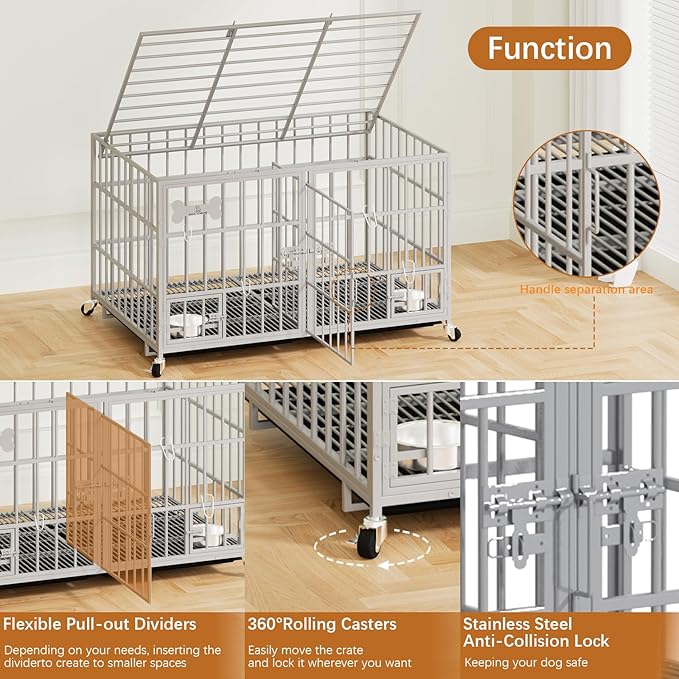 aboxoo 48/42 inch Heavy Duty Metal Dog Crate for 2 Dogs/Large Dog,All Metal Open Top,Dog Kennel Indoor with Wheels,Floor Grid, Tray, Divider and Feeding Bowl (Sliver)-PurrikoPets