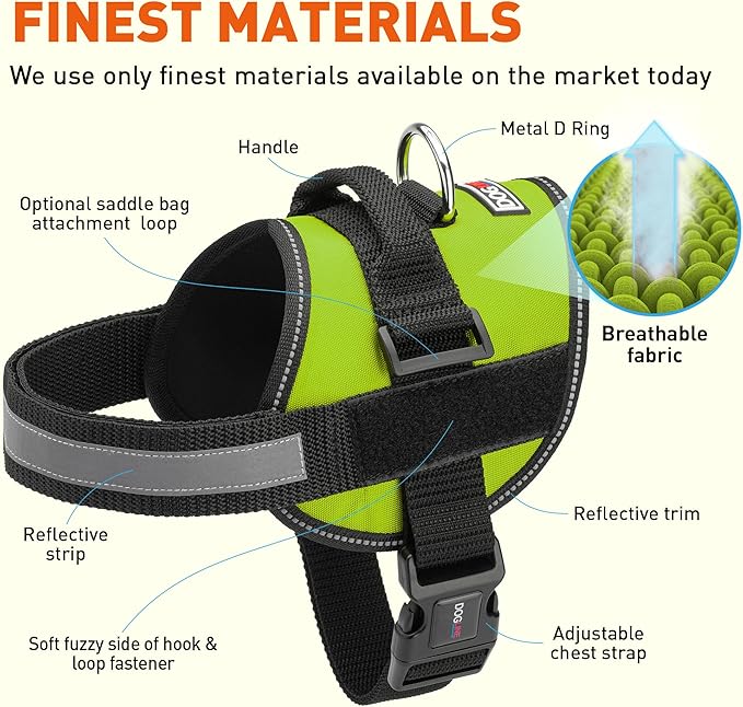 Dogline Dog Harness, Reflective No-Pull Adjustable Vest with Handle for Walking, Training, Breathable, No - Choke Harness for Small, Medium or Large Dogs Room for Patches Girth 33"-46" in Lime Green-PurrikoPets