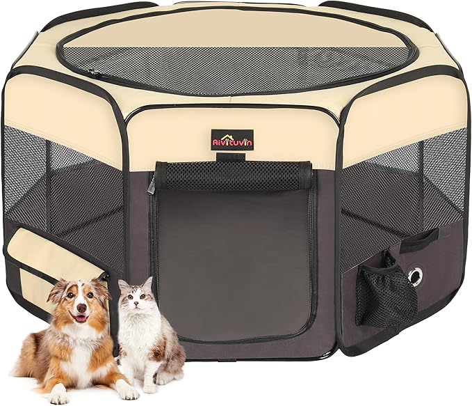 Aivituvin Portable Pet Playpen, Foldable Dog Tent Crate Cage for Puppies and Cats, Exercise Pop Up Dog Kennel with Carrying Case Indoor Outdoor, Waterproof and Zipper Top Cover Door, Brown-PurrikoPets