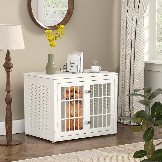 32" Heavy Duty Dog Crate Furniture for Small and Medium Dogs, Metal Kennel for High Anxiety Dogs, Chew Proof Pet Cage Indoor, Decorative Dog Kennel End Table, White-PurrikoPets