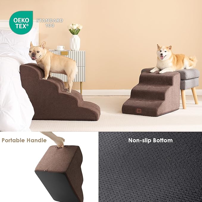 EHEYCIGA Curved Dog Stairs Ramp for Small Dogs 15.7" H, 3-Step Dog Steps for Couch Sofa and Chair, Pet Stairs for Cats, Non-Slip Balanced Pet Steps Indoor, Brown-PurrikoPets