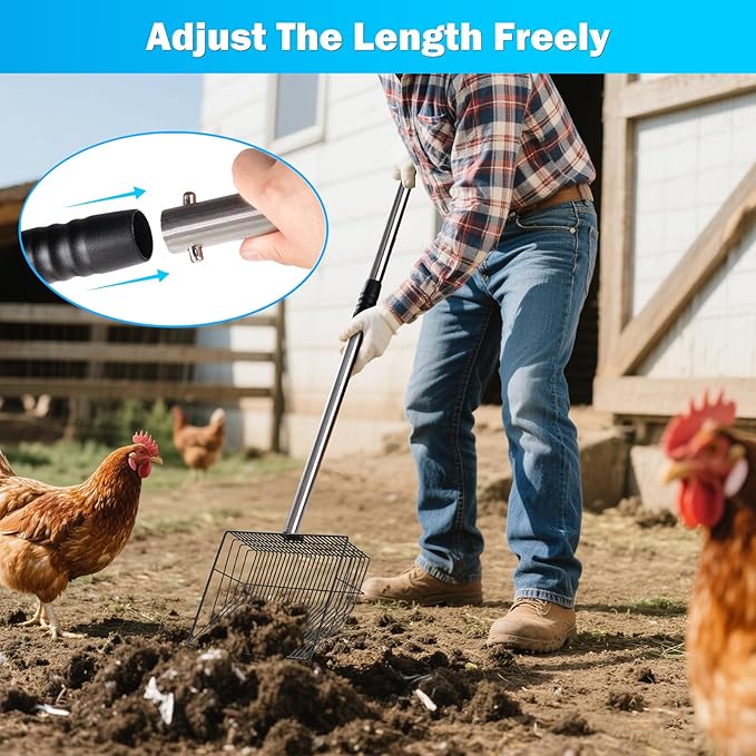 10inch Large Metal Chicken Poop Scooper,32 to 67" Adjustable Long Chicken Coop Litter Scoop,Heavy Duty Sifting Shovel for Chicken Coop & Pet Waste Cleaning-PurrikoPets