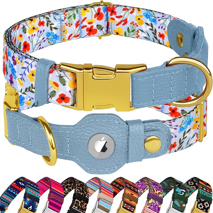 AirTag Dog Collar for Small Medium Large Breed - Adjustable Cute Pattern Dog Collar with Airtag Holder - Soft Leather Tracker GPS Apple Air Tag Pet Collars (X-Large, 20"-25" Neck Fit, Floral)-PurrikoPets