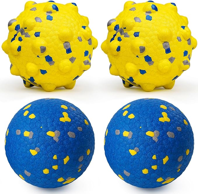 Dog Tennis Balls for Aggressive Chewers, Indestructible Durable Bouncy Interactive Toy for Dogs Fetch Game Lightweight Floating Outdoor Training(2 Yellow Point+ 2 Blue Circle Large)-PurrikoPets