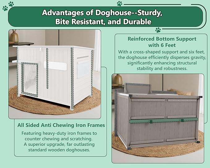 43.3" L Large Outdoor Dog House Weatherproof Doghouse for Medium to Large Dogs with Anti Bite Frames Wooden Dog Kennel with Window,8 Elevated Feet,Reinforced Bottom for Pet Up to 180 LBS-PurrikoPets