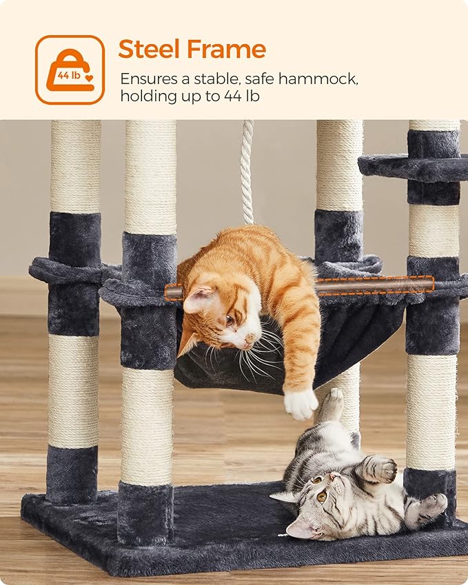 FEANDREA Cat Tree, Cat Tower for Indoor Cats, 56.3-Inch Cat Condo with Scratching Posts, Hammock, Plush Perch, Smoky Gray UPCT15GYZ-PurrikoPets