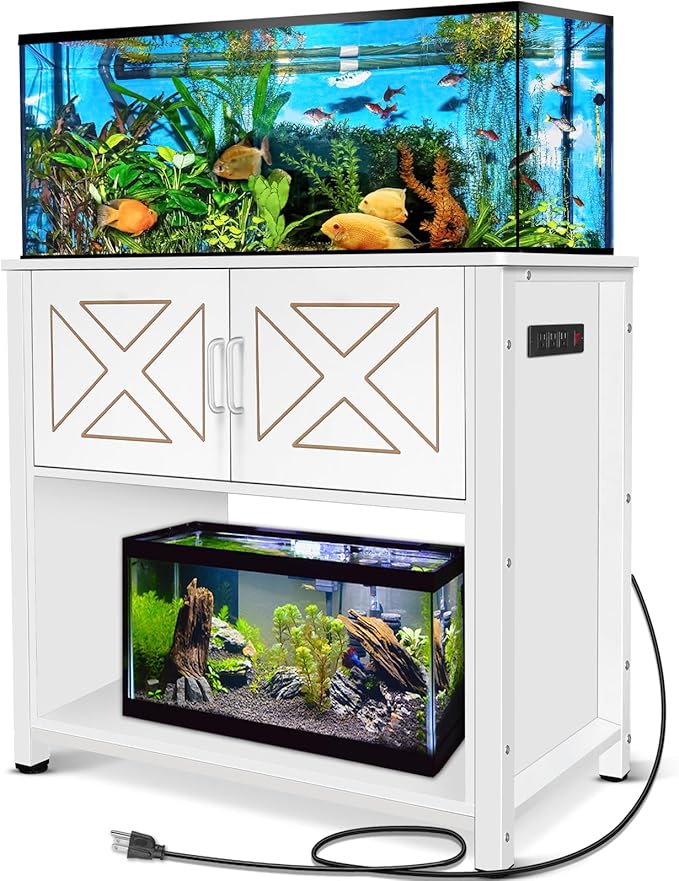 40 Gallon Tank Stand with Cabinet and Power Outlets, Heavy Duty Metal Aquarium Stand for 40-50 Gallon Breeder Tank, Turtle Tank, Double Terrarium Stand, 660LBS Capacity, White-PurrikoPets