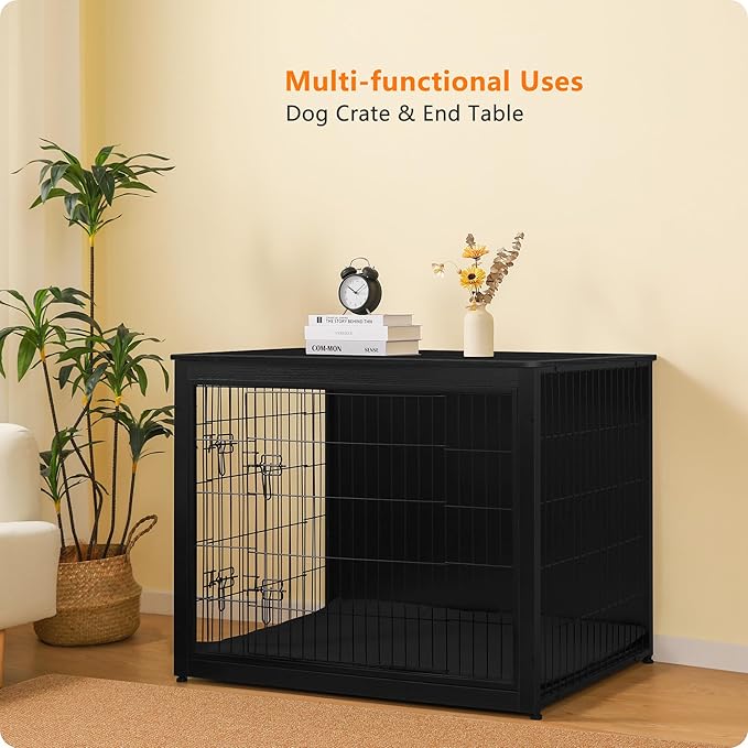 DWANTON Dog Crate Furniture with Cushion, Wooden Kennel Table with Double Doors, Indoor Dog House, Extra Large Size, 43.3" L, Black-PurrikoPets