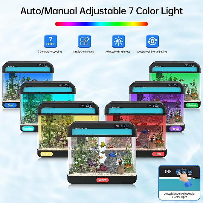 Fish Tank Aquarium 6.3 Gallon Fish Bowl with Music Humidifier 7 Color Auto-Looping Light Adjustable Quiet Pump, Temperature Display, Bottom Water Changer, HD Float Glass, Leak-Proof Thickened Base-PurrikoPets