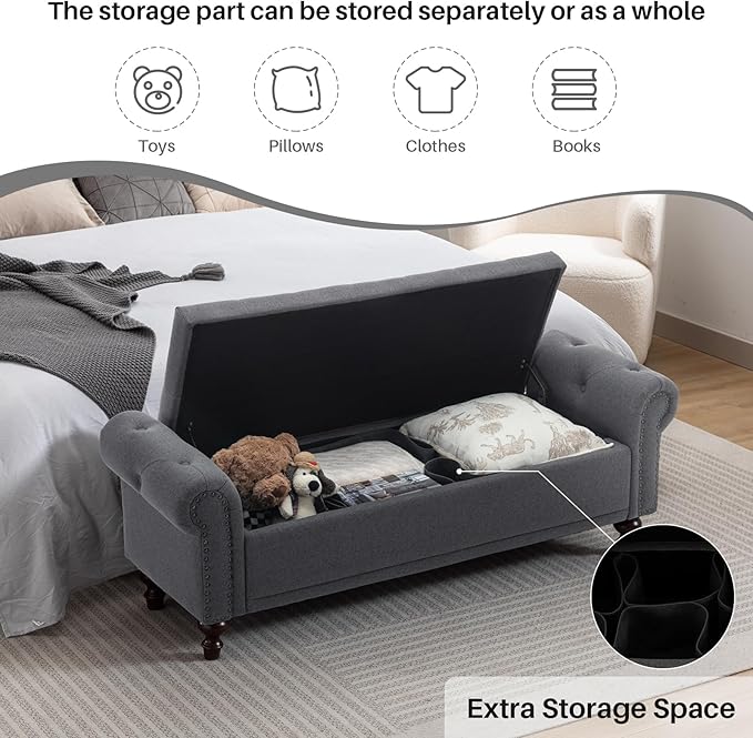 58.1'' Storage Bench Upholstered Linen End of Bedroom Bed Bench Ottoman with Tufted Cushioned Rolled Arm Large Storage Space for Reading Living Room Entryway, Grey-PurrikoPets