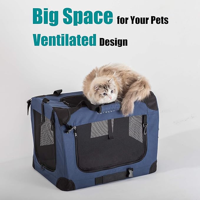 Extra Large Cat Carrier Soft Sided, Portable Small Dog Carrier for 2 Cats, 24"x16.5"x16" Car Travel Folding Comfortable Design with Bowl, Blue-PurrikoPets