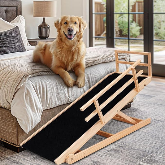 Dog Ramp, 5 Level Adjustable Height Folding Pet Ramp for High Bed, Portable Paw Ramps Large Bed Ramp for Medium & Large Old Dogs & Cats - Natural Wood Furniture Quality-PurrikoPets