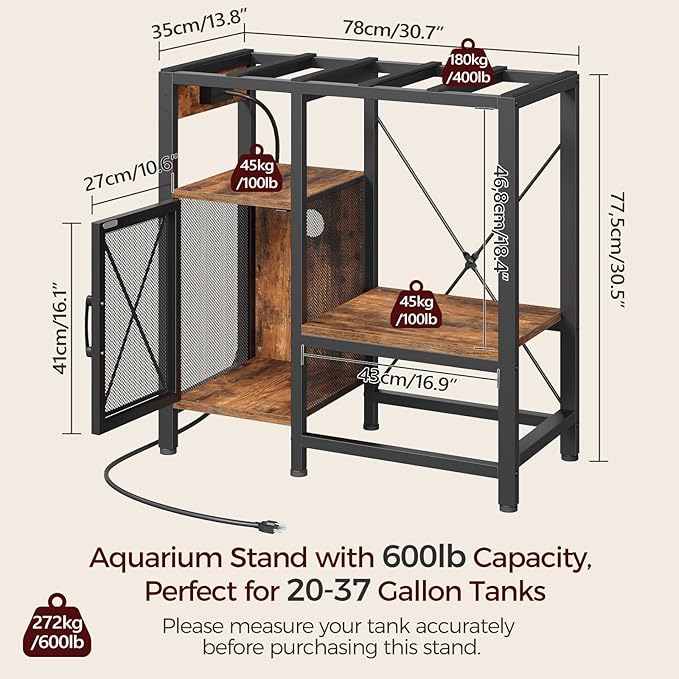 20-37 Gallon Fish Tank Stand, Aquarium Stand with Power Outlet and Storage Cabinet, Heavy Duty Tank Stand Suitable for Turtle Tank, Reptile Terrarium, for Home Office, Rustic Brown FTHR40E01-PurrikoPets