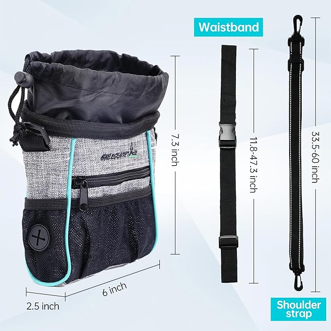 Dog Treat Pouches Training Walking Bag with Shoulder Strap, Large Space for Pets Food, Polyester Fabric, 3-Way Wearing Design, Portable Pet Bagand Easy to Clean, Black with Grey-PurrikoPets