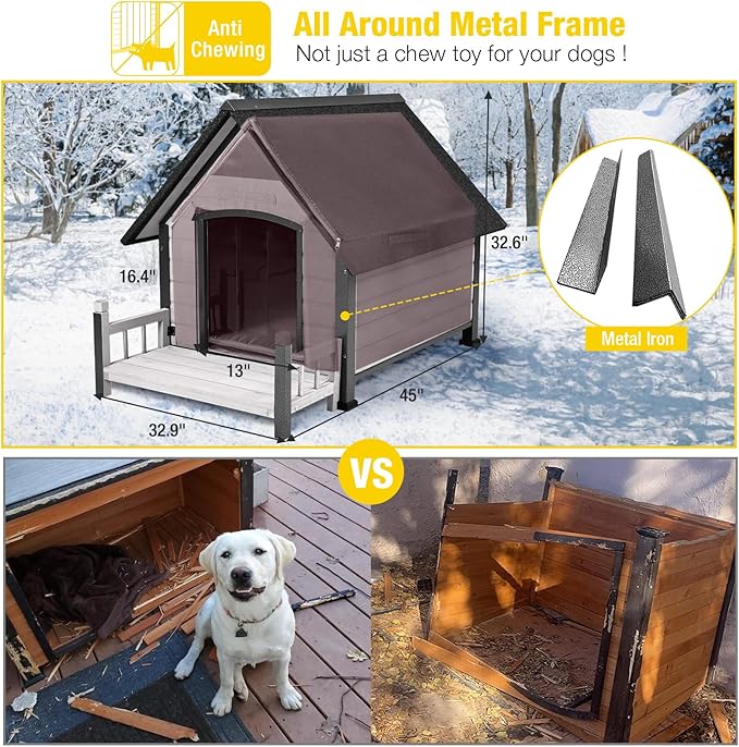 Aivituvin Dog House Outdoor With Metal Frame, Insulated Dog Kennel Outside for Small To Medium Breed, 45" Weatherproof Large Dog Shelter with Anti-Chewing Iron Frame, White (45" D x 32.9" W x 32.6" H)-PurrikoPets