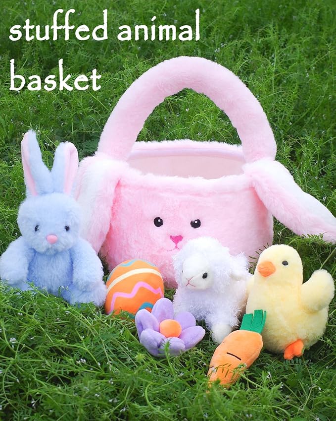 7 Piece Plush Stuffed Animals Playset Toys with Rabbit, Chick, Lamb, Carrot, Egg, Flower, Furry Bag, Soft Basket Set Toys for Girls Kids Ages 3+, Birthday Christmas Valentines Easter Party Favors-PurrikoPets