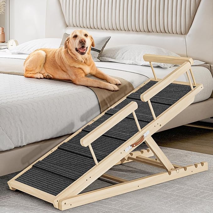 Dog Ramp for Couch, Bed or Car, Wooden 55" Long Pet Stairs for Small & Large Old Dogs & Cats, Hold up to 250lb, 6 Adjustable Height from 19.68" to 27.55" Portable Doggie Steps, Excellent Traction-PurrikoPets