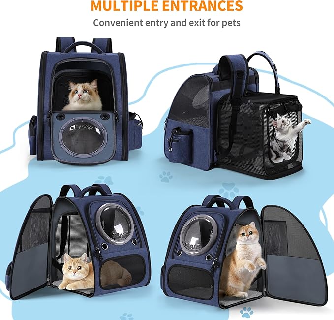 Extension Cat Carrier Backpack with Transparent Bubble Window,Dogs Backpack Carrier with Breathable Mesh Travel Bag, Portable Space Capsule Design with Foldable for Pets (Blue)-PurrikoPets