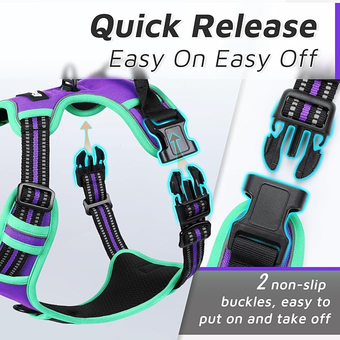 Eagloo Dog Harness for Large Dogs, No Pull Service Vest with Reflective Strips and Control Handle, Adjustable and Comfortable for Walking, No Choke Pet Harness with 2 Metal Rings, Purple & Green, XL-PurrikoPets