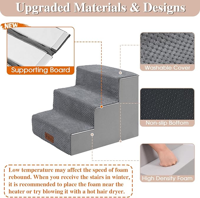 GGIB Dog Stairs for Small Dogs Cats Non-Slip Dog Steps for High Bed Pet Stairs for Sofa Couch Pet Ramp Pet Steps with Removable Washable Cover, Grey, 13" H, 3-Step-PurrikoPets