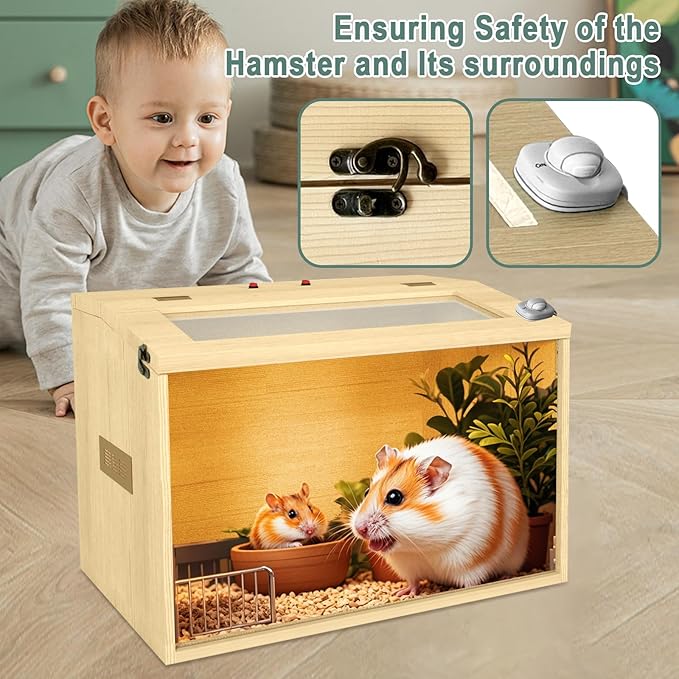 24" Hamster Cage, Top Opening Lockable Roof Door Gerbil Cage, Dwarf Hamster Cage with Hygrometer, Mice and Small Animal Habitat, Chewproof Syrian Hamster Enclosure, (Wooden, 24" L x 16" W x 16" H)-PurrikoPets