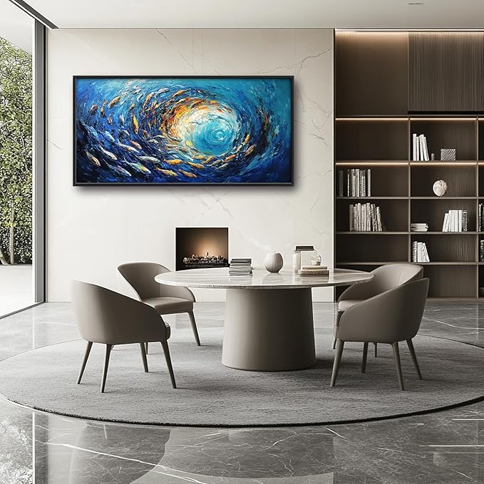 Extra Large Framed Abstract Ocean Fish Wall Art,Oversized Blue Sea Nautical Fish Wall Decor Pictures for Living Room,Canvas Print Painting Modern Artwork Bedroom Office Bathroom Home Decor 60L x30W-PurrikoPets