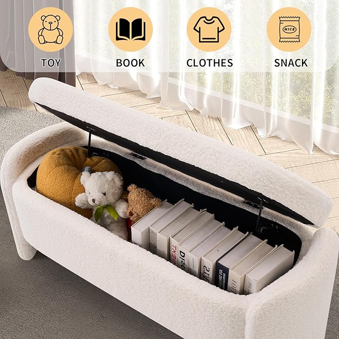 47.6 Inch Lamb Fleece Oval Storage Bench Upholstered Ottoman Bench with Storage, Bedroom Bench with Large Storage Space, for Bedroom Living Room Entryway, Beige-PurrikoPets