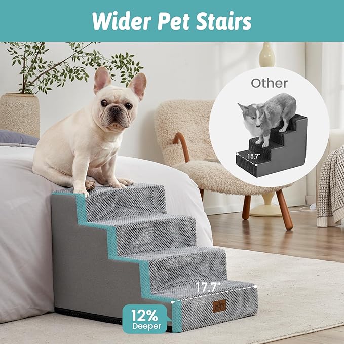Dog Stairs for Small Dogs, 4 Tier Wider Pet Stairs for Couch and Beds, 17.7" H Non-Slip Dog Steps for Old Cats, Puppy, Small Medium Dogs, 17.7x23.6x17.7 inch, Grey-PurrikoPets