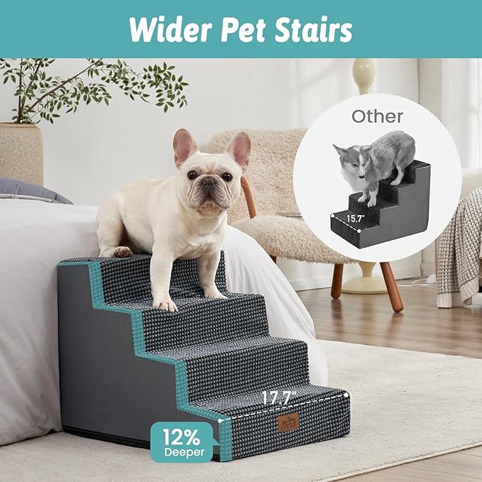 Dog Stairs for Small Dogs, 4 Tier Wider Pet Stairs for Couch and Beds, 17.7" H Non-Slip Dog Steps for Old Cats, Puppy, Small Medium Dogs, 17.7x23.6x17.7 inch, Dark Grey-PurrikoPets