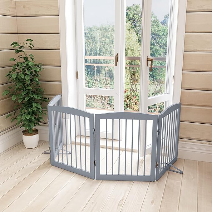 Freestanding Pet Gate - Foldable Wooden Dog Gate for House, Indoor, 80 Inch Wide, 4 Panels 24", Grey-PurrikoPets