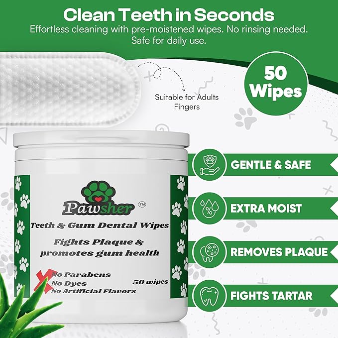 Dog Teeth Cleaning Wipes, Fights Plaque, Freshens Breath & Promotes Gum Health, No-Rinse Finger Toothbrush, Gentle & Naturally Safe, Completes Your Dog Tooth Brushing Kit, 50 Count-PurrikoPets