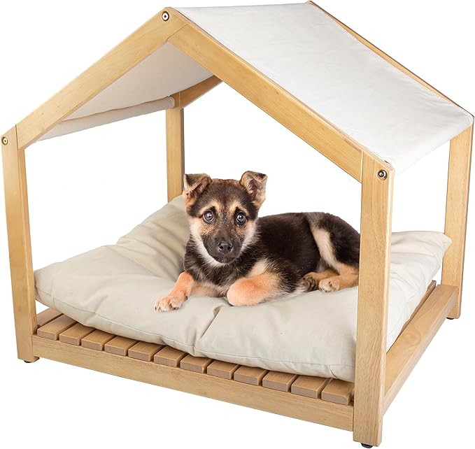 Dog House - 30x24-Inch Indoor Dog House with Soft Cushion and Adjustable Canopy - Wood Dog Furniture for Small to Medium Pets up to 70lbs by PETMAKER-PurrikoPets
