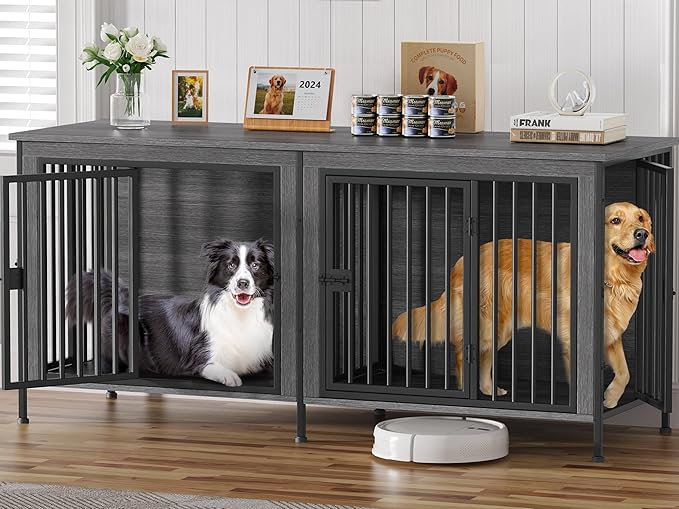 EasyCom 78 Inch Dog Cage Furniture for 2 Pets with Divider, XXL Wooden Double Dog Crate Furniture TV Stand for Mideum and Large Breed, Durable and Sturdy-PurrikoPets