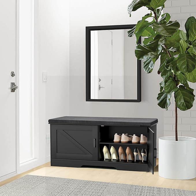 2-Tier Storage Bench, Shoe Bench with Padded Seat Cushion, Entryway Bench with 2 Barn Doors, Adjustable Shelf, 13.8" D x 39.4" W x 17.7" H, for Entryway, Living Room, Bedroom, Black-PurrikoPets