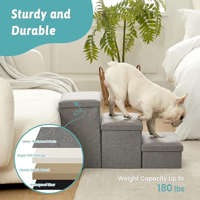 Dog Stairs with Storage, 3-Step Wider Sturdy Dog Steps for Small/Medium/Large Dogs and Older Cats, Folding Doggie Ramp for Bed/Couch/Car Hold Up to 180 lbs (16.7" H, Grey)-PurrikoPets