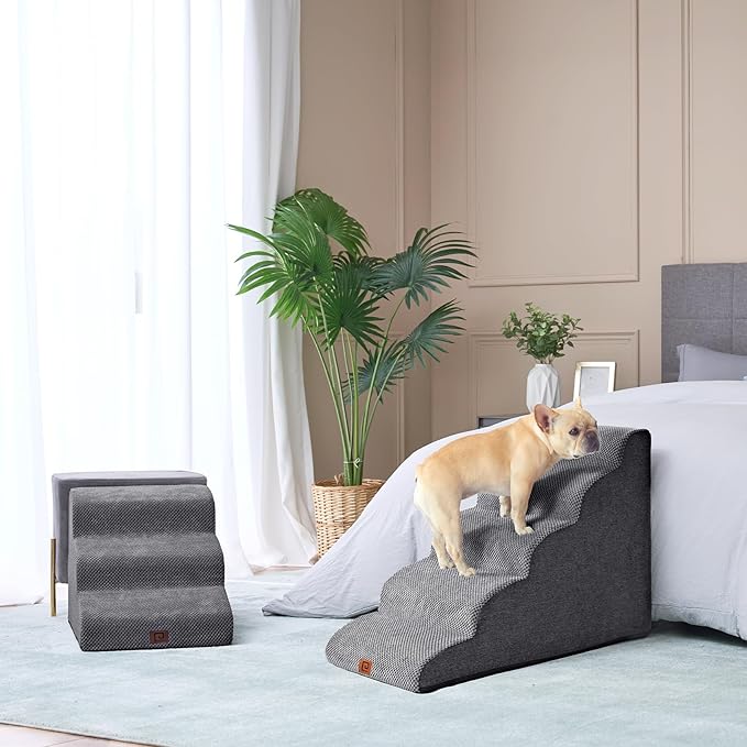 EHEYCIGA Curved Dog Stairs Ramp for High Beds 22.6" H, 5-Step Dog Steps for Small Dogs and Cats, Pet Stairs for High Bed Climbing, Non-Slip Balanced Pet Step Indoor, Grey-PurrikoPets