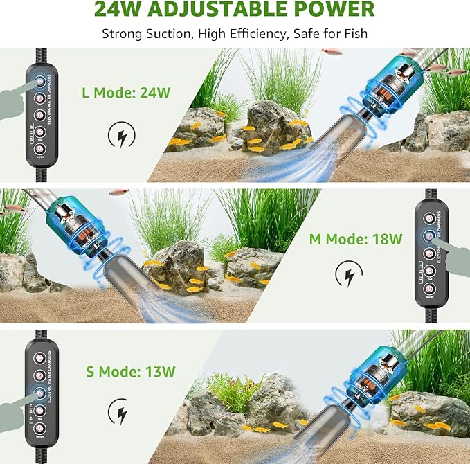Electric Aquarium Vacuum Gravel Cleaner: 24W Fish Tank Vacuum Gravel Cleaner with Strong Suction for Automatic Water Change Algae Remover Sand Wash Water Shower and Water Circulation, Timed Off-PurrikoPets