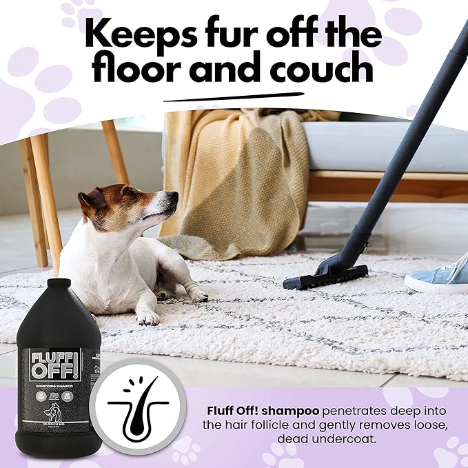 Fluff Off! by Girl With The Dogs, Natural Deshedding Dog & Cat Shampoo, 1 Gal, Made in USA, 8 Wks+-PurrikoPets