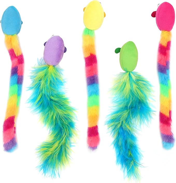 5 Pack Interactive Catnip and Feather Cat Toys, Multi-Colored Mice with Long Feather Tail, Accessories for Indoor Cat, Catnip Plush Toys with Natural Feathers and Rattles-PurrikoPets