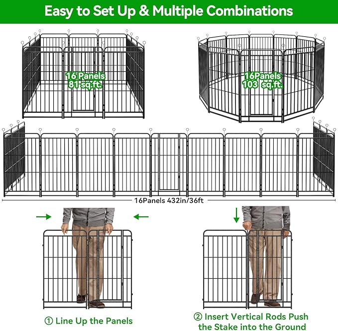 Dog Playpen Outdoor 16 Panels Heavy Duty Dog Fence 47" Height with Thick Pipe Anti-Rust with Doors Portable for RV Camping Yard, Total 36FT, 103 Sq.ft, Snowy Black-PurrikoPets