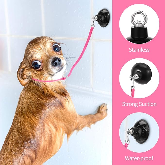 Frienda 4 Pieces Dog Bathing Tether with Suction Cup Pet Dog Grooming Tub Restraint Loops and Adjustable Cat Fixed Safety Rope for Pet Shower Bathing Grooming(Blue Black Pink)-PurrikoPets
