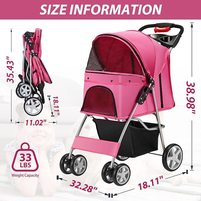 4 Wheels Pet Stroller for Small Medium Dogs Cats 10-33 lbs, Foldable Dog and Cat Stroller with Cup Holder & Storage Basket & Breathable Mesh, Pet Strolling Cart for All-Season, Pink-PurrikoPets