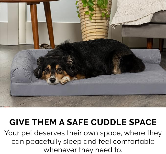 Furhaven Cooling Gel Dog Bed for Large/Medium Dogs w/ Removable Bolsters & Washable Cover, For Dogs Up to 55 lbs - Pinsonic Quilted Paw L Shaped Chaise - Titanium, Large-PurrikoPets