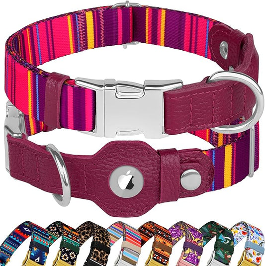 AirTag Dog Collar for Small Medium Large Breed - Adjustable Cute Pattern Dog Collar with Airtag Holder - Soft Leather Tracker GPS Apple Air Tag Pet Collars (Large, 17"-21" Neck Fit, Striped)-PurrikoPets