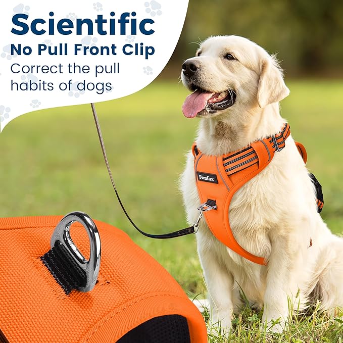 Funfox Dog Harness No Pull, Adjustable Pet Vest Harness, Super Soft Material with Vertical Handle Easy Control, Reflective Night Walking, 2 Leash Clips for Medium Sized Dogs, Orange, M-PurrikoPets